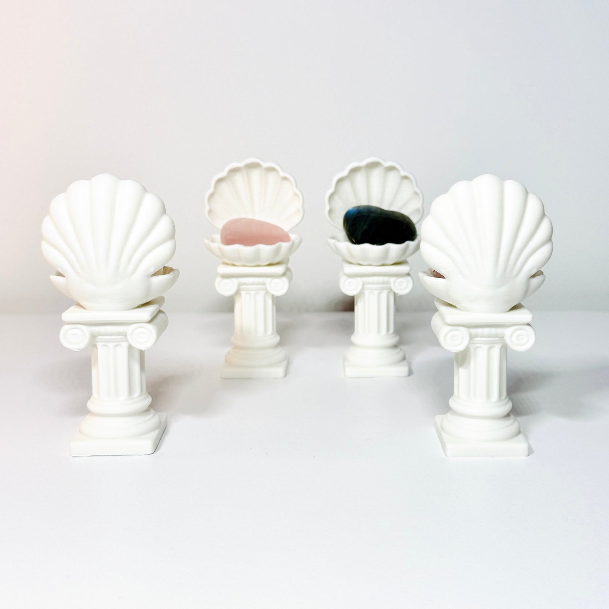 Roman Column Clam Shell Crystal Holder – White Stone - Like Marble Pedestal Display by KREATEUR Studio (Beta) - KREATEUR MIAMI