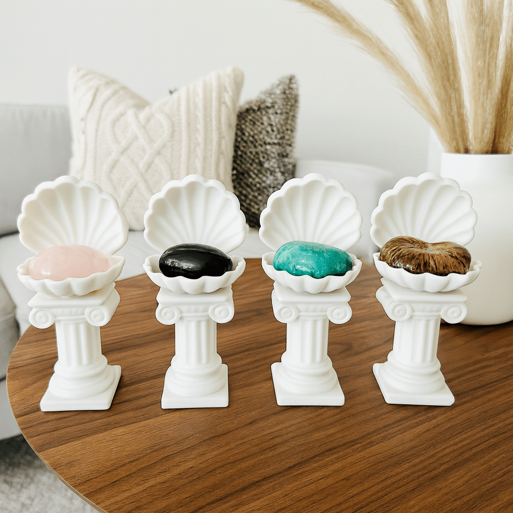 Roman Column Clam Shell Crystal Holder – White Stone - Like Marble Pedestal Display by KREATEUR Studio (Beta) - KREATEUR MIAMI