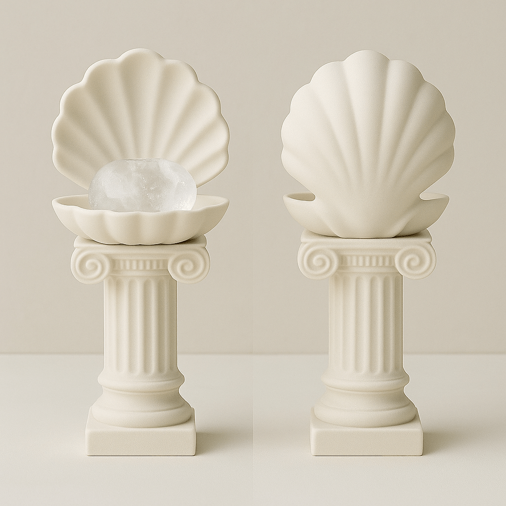 Roman Column Clam Shell Crystal Holder – White Stone - Like Marble Pedestal Display by KREATEUR Studio (Beta) - KREATEUR MIAMI
