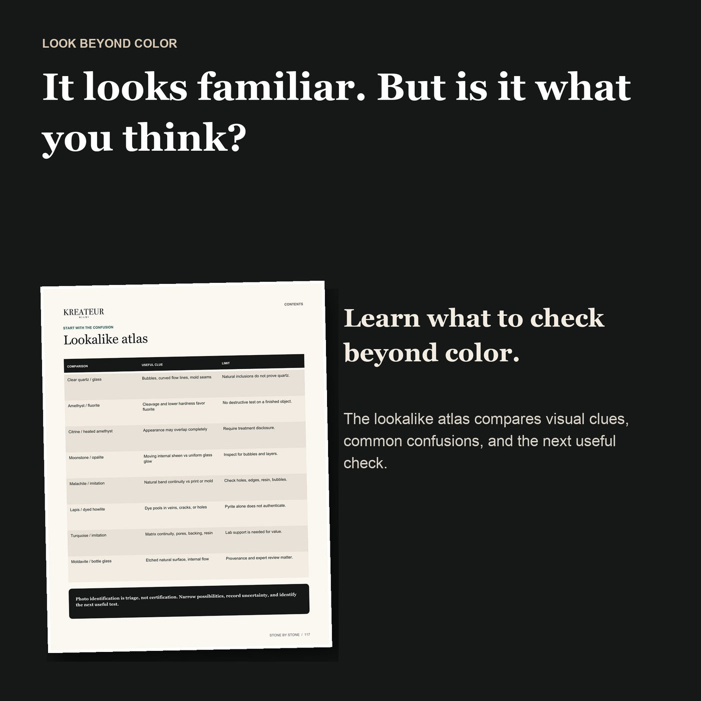 Stone by Stone lookalike atlas page with guidance to compare stones beyond color