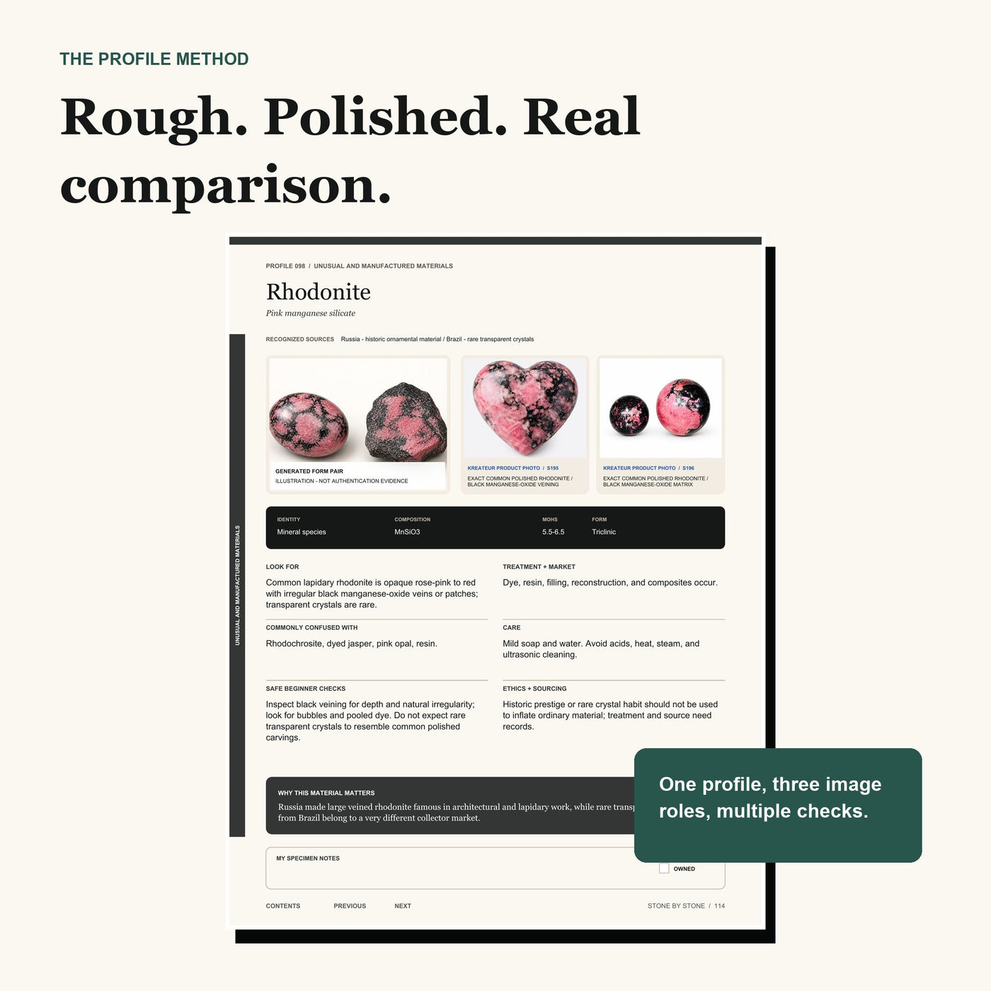 Rhodonite profile with recognized-source context, a labeled generated form pair, and two KREATEUR real-reference photographs