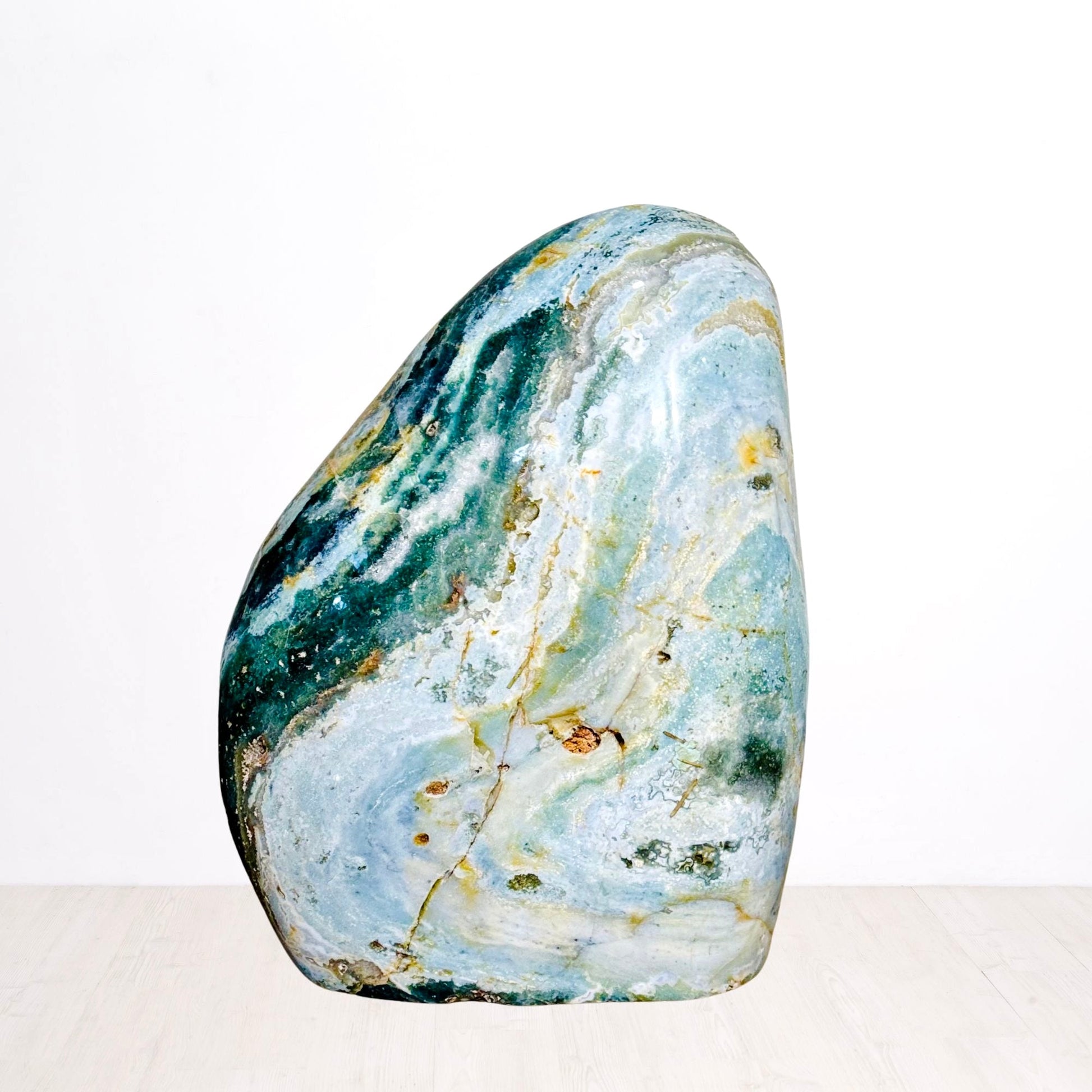 XL Polished Ocean Jasper Freeform – Cascading Green & Golden Veins (62.2 lbs / 28.2 KG) – Natural Stone for Home Decor & Spiritual Balance - KREATEUR MIAMI