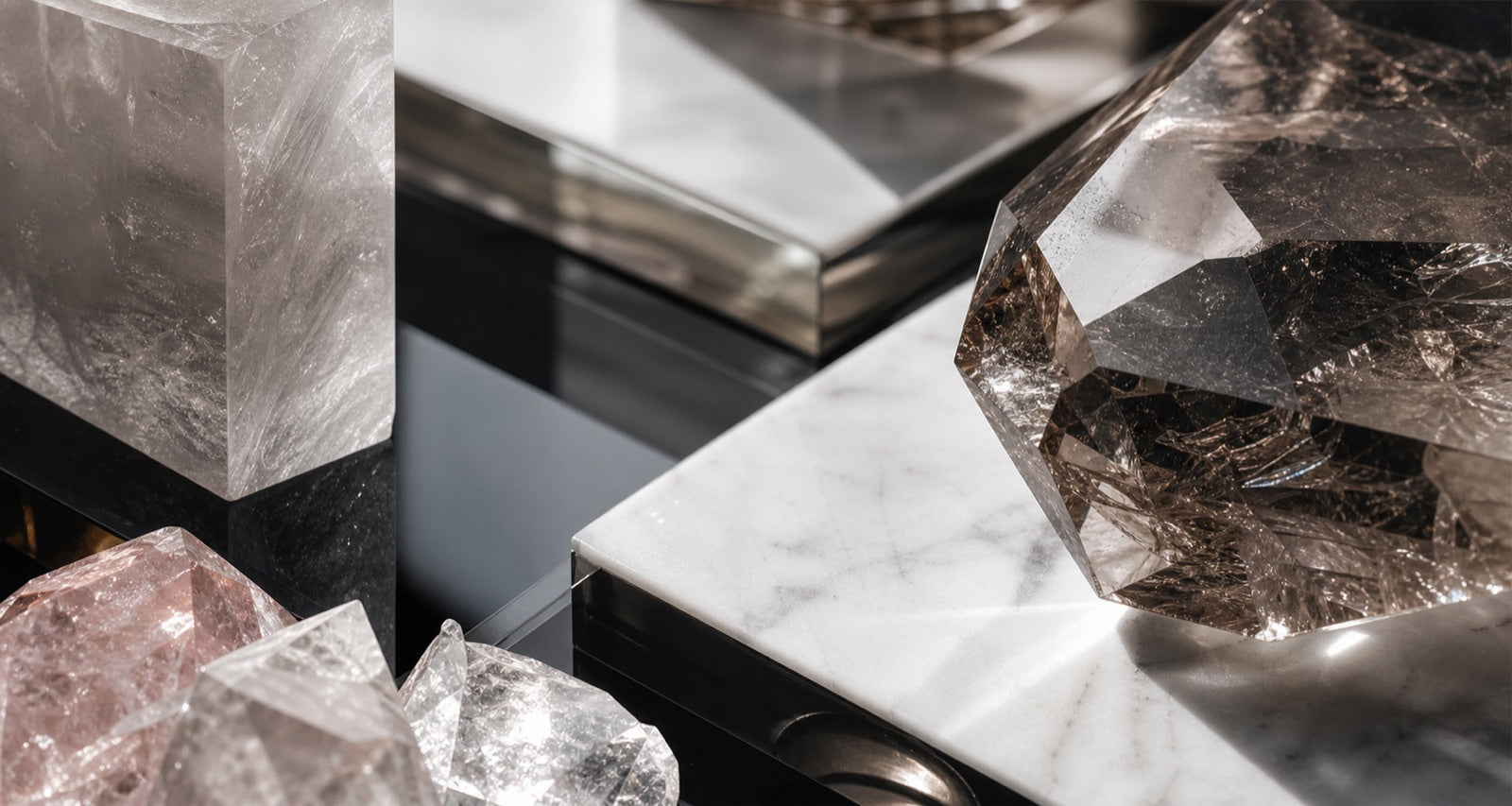 Abstract close-up of reflective crystal forms on black and white surfaces