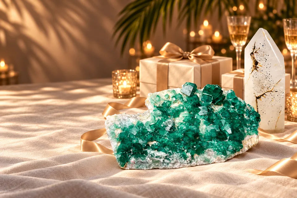 Green fluorite and Dream Quartz styled with ivory gifts, champagne ribbon and warm gathering lights.